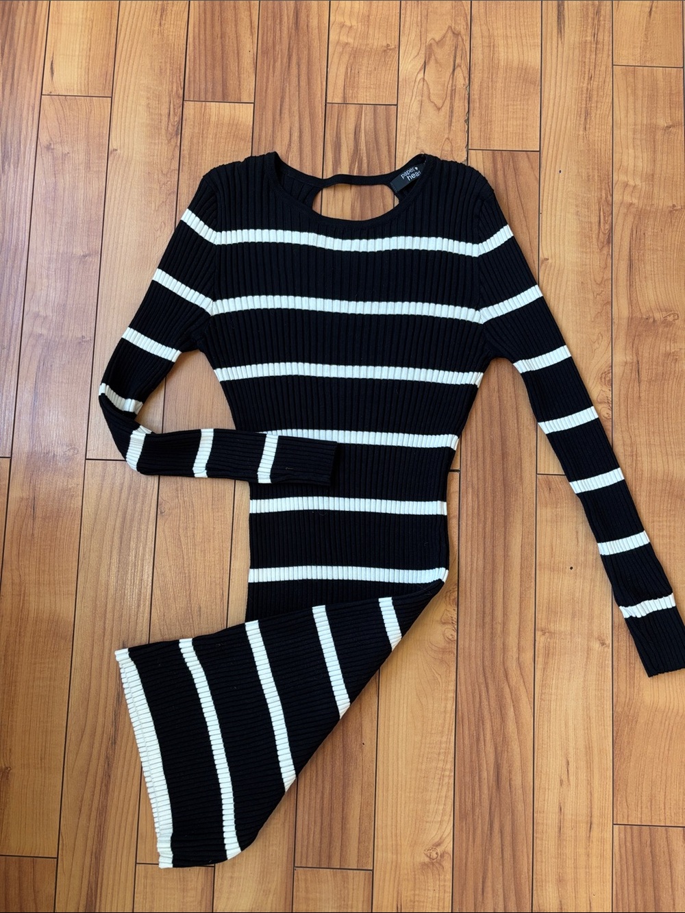 Black and White Striped Ribbed Long-Sleeve Midi Dress